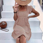 Square-neck Yarn-dyed Plaid Long-sleeve Loose-fitting Dress With Zippered Pockets
