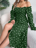 Women's Scalloped Hem Square Neck Polka Dot Flared Maxi Dress