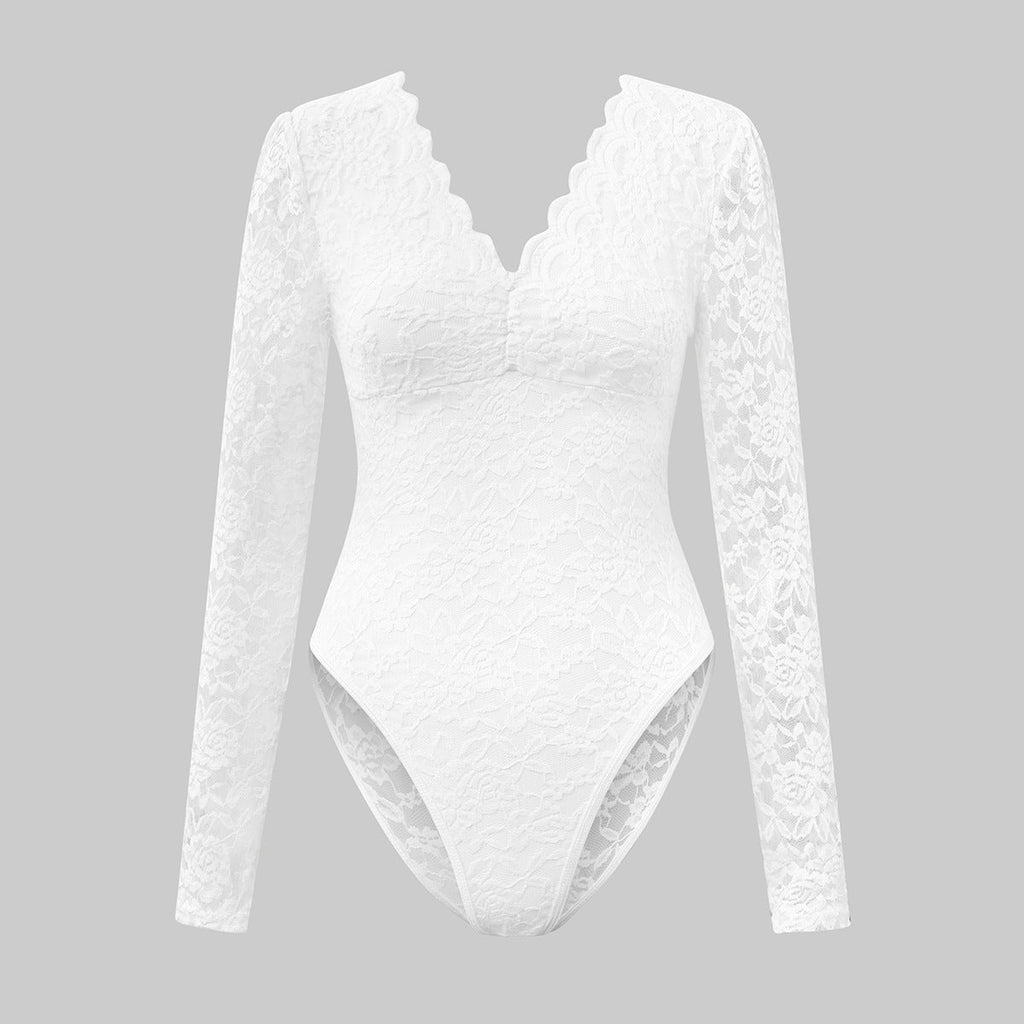 Sexy Solid-Color Lace Long-Sleeve Sheer Bodycon Jumpsuit