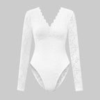 Sexy Solid-Color Lace Long-Sleeve Sheer Bodycon Jumpsuit