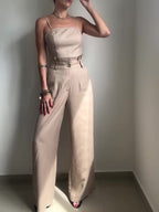Solid Color Suspender Top & High Waist Pants Set