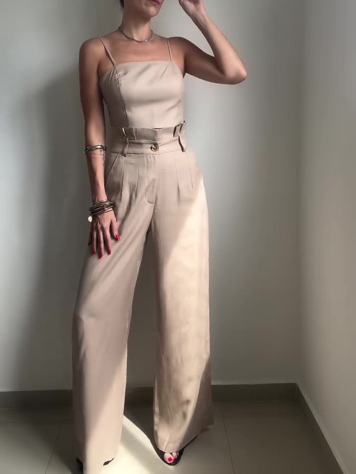 Solid Color Suspender Top & High Waist Pants Set