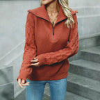 Customizable Zippered POLO Sweater With Large Lapel And Textured Knit Pullover