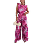 Round Neck Sleeveless Top Pleated Wide-leg Trousers Two-piece Set