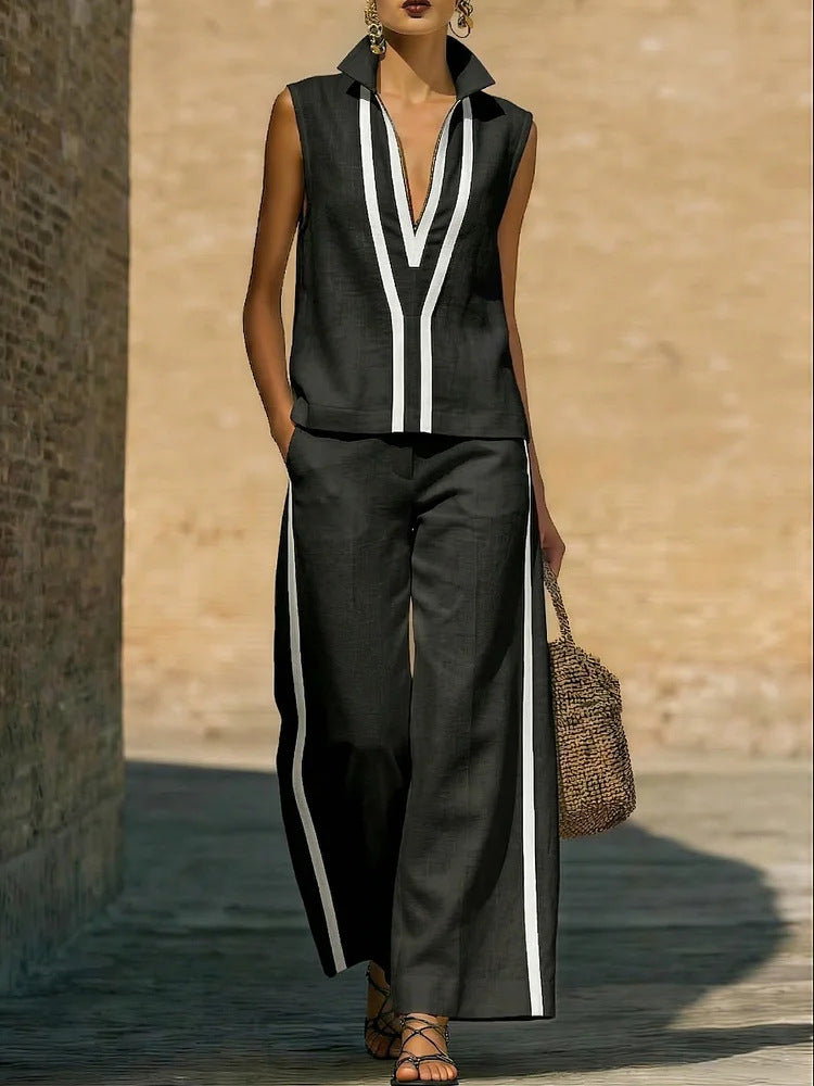 Womens Contrasting-Color Sleeveless Single-Breasted Vest And Drawstring Pants Set