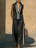 Womens Contrasting-Color Sleeveless Single-Breasted Vest And Drawstring Pants Set