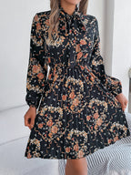 Women's Elegant Floral Tie-Waist Long Sleeve Pleated Maxi Dress