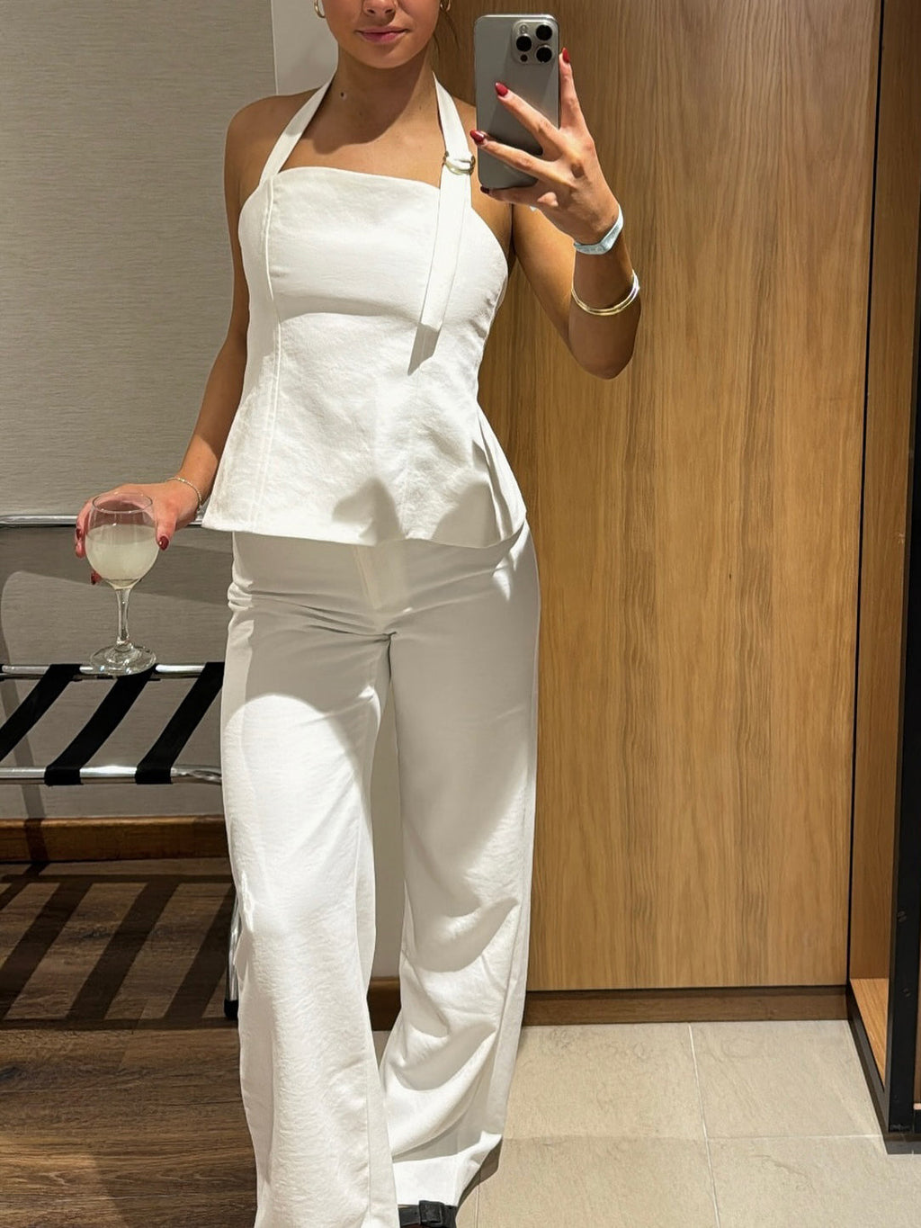 White Backless Halterneck Vest & High-waisted Pants Suit