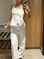 White Backless Halterneck Vest & High-waisted Pants Suit