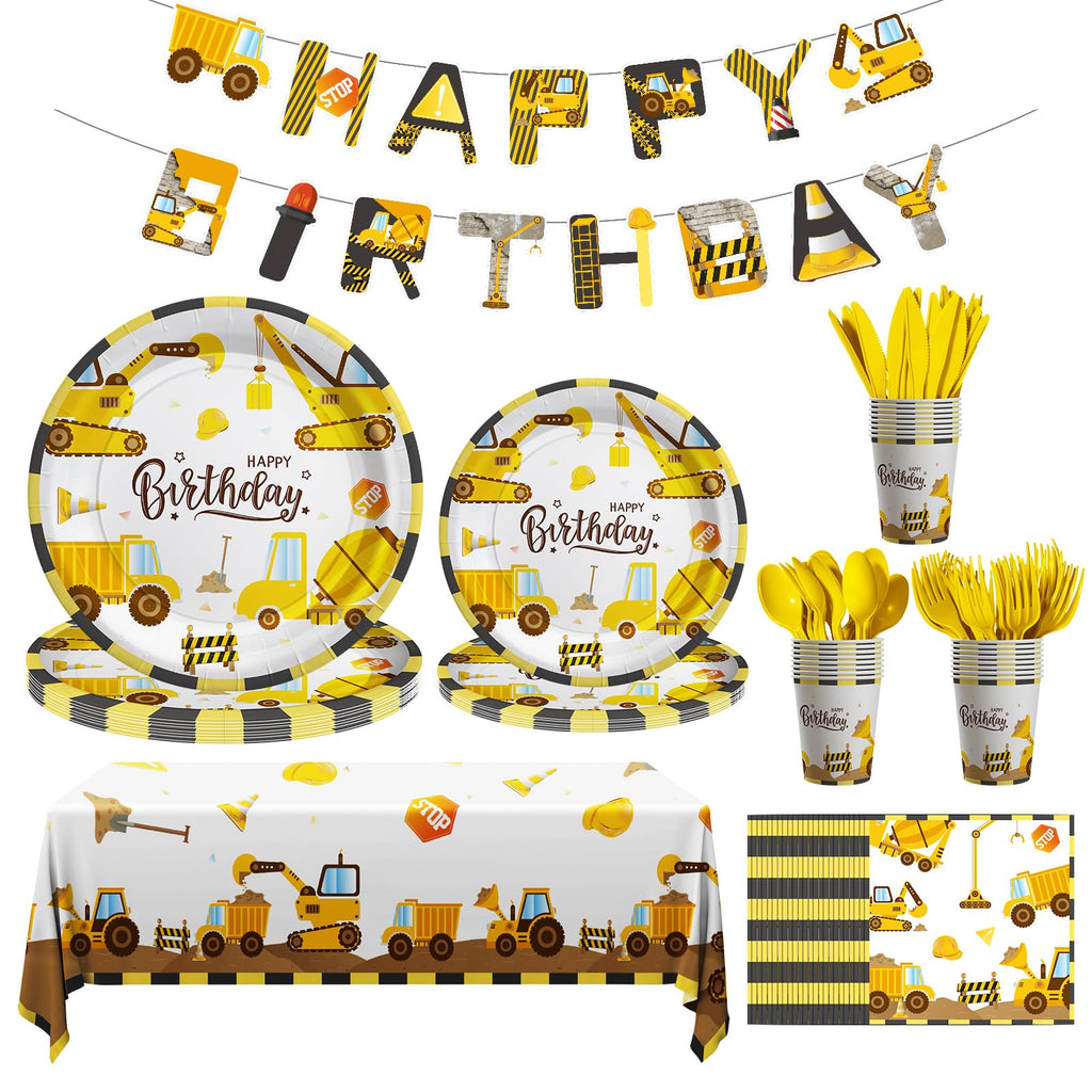 Cecnamt Construction Birthday Decorations – 170 Pcs Party Set for 24 Guests (Banner, Plates, Cups, Napkins, Cutlery, Tablecloth)