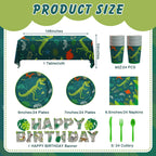 Cecnamt Dinosaur Birthday Decorations – 170 Pcs Party Set for 24 Guests (Banner, Plates, Cups, Napkins, Cutlery & Tablecloths)