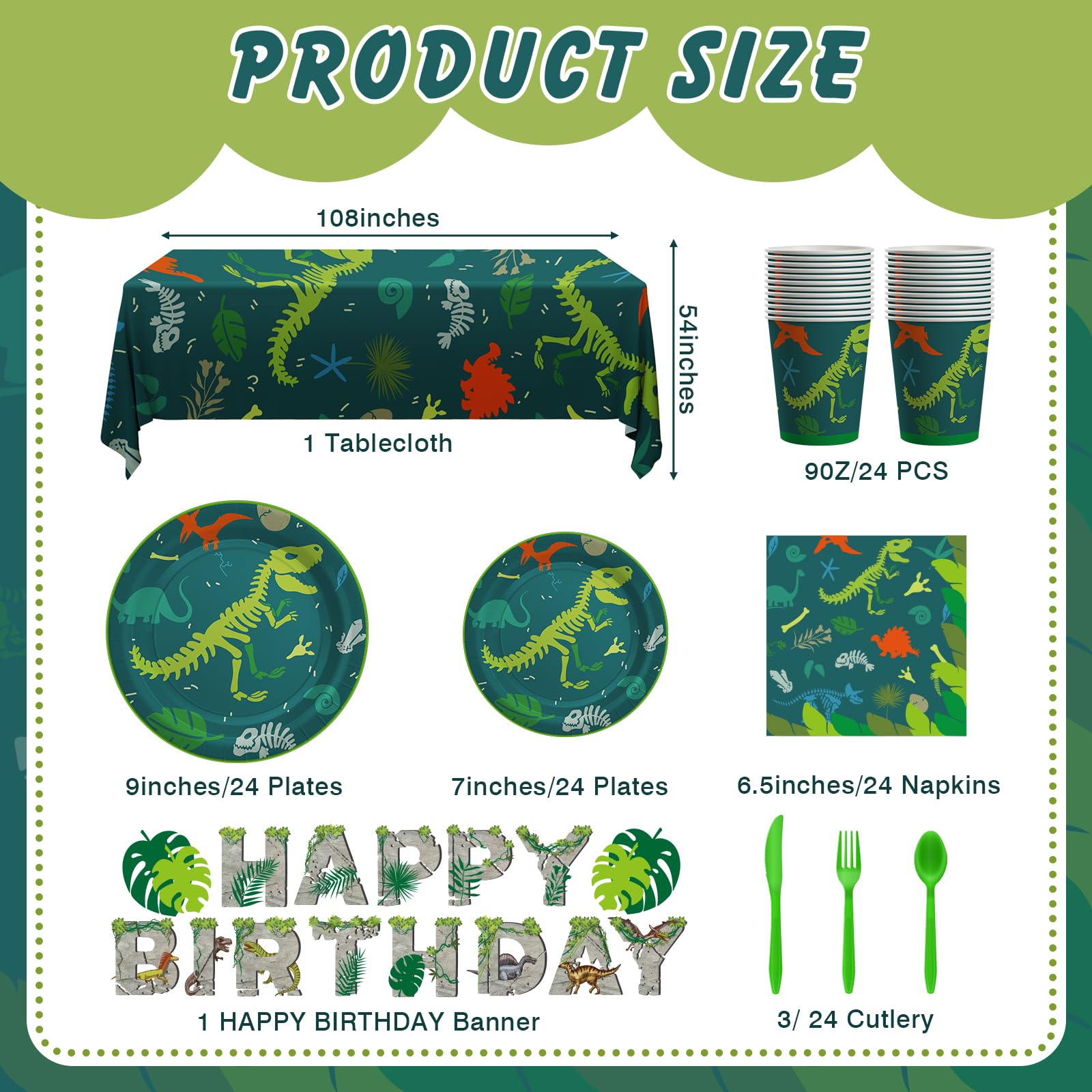 Cecnamt Dinosaur Birthday Decorations – 170 Pcs Party Set for 24 Guests (Banner, Plates, Cups, Napkins, Cutlery & Tablecloths)