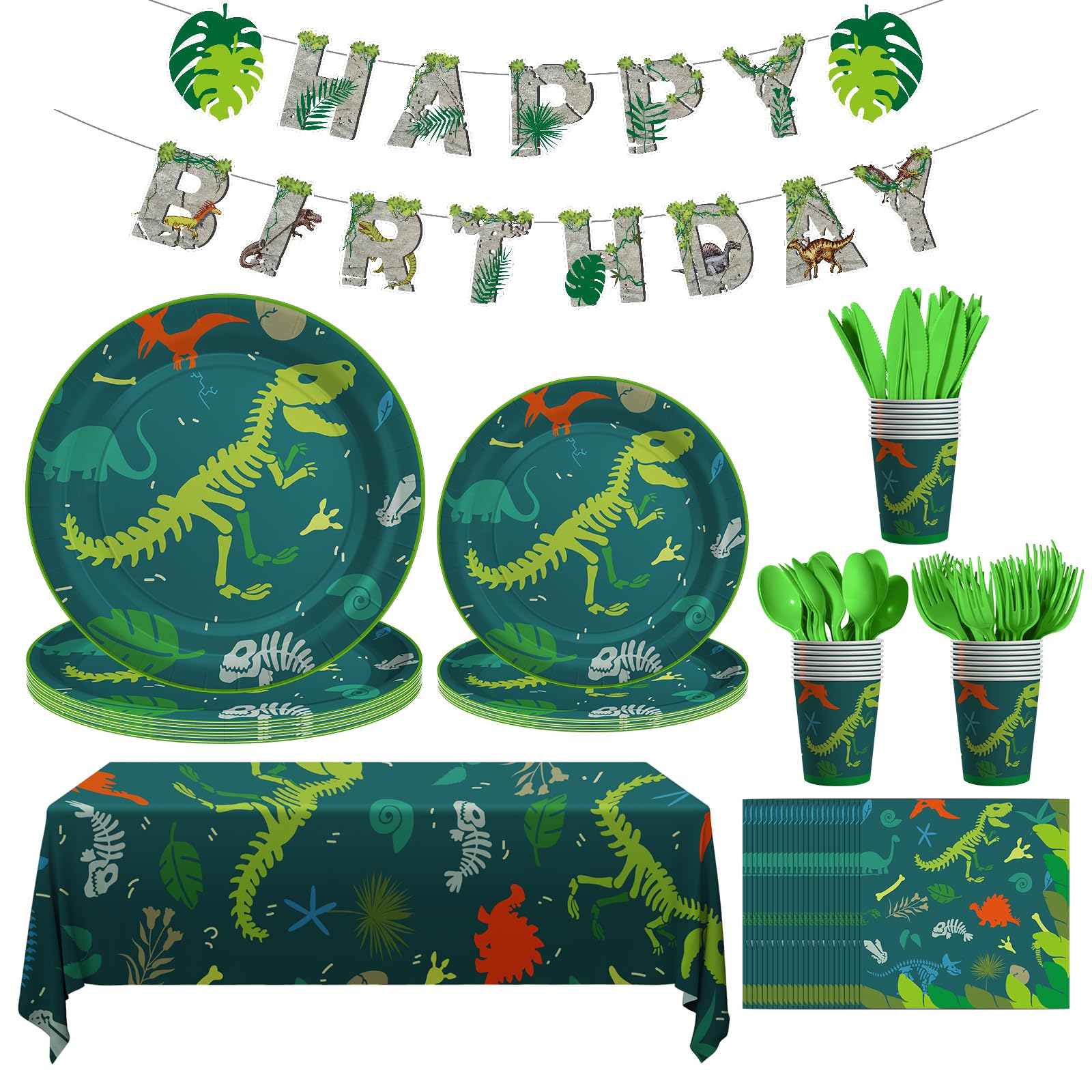 Cecnamt Dinosaur Birthday Decorations – 170 Pcs Party Set for 24 Guests (Banner, Plates, Cups, Napkins, Cutlery & Tablecloths)