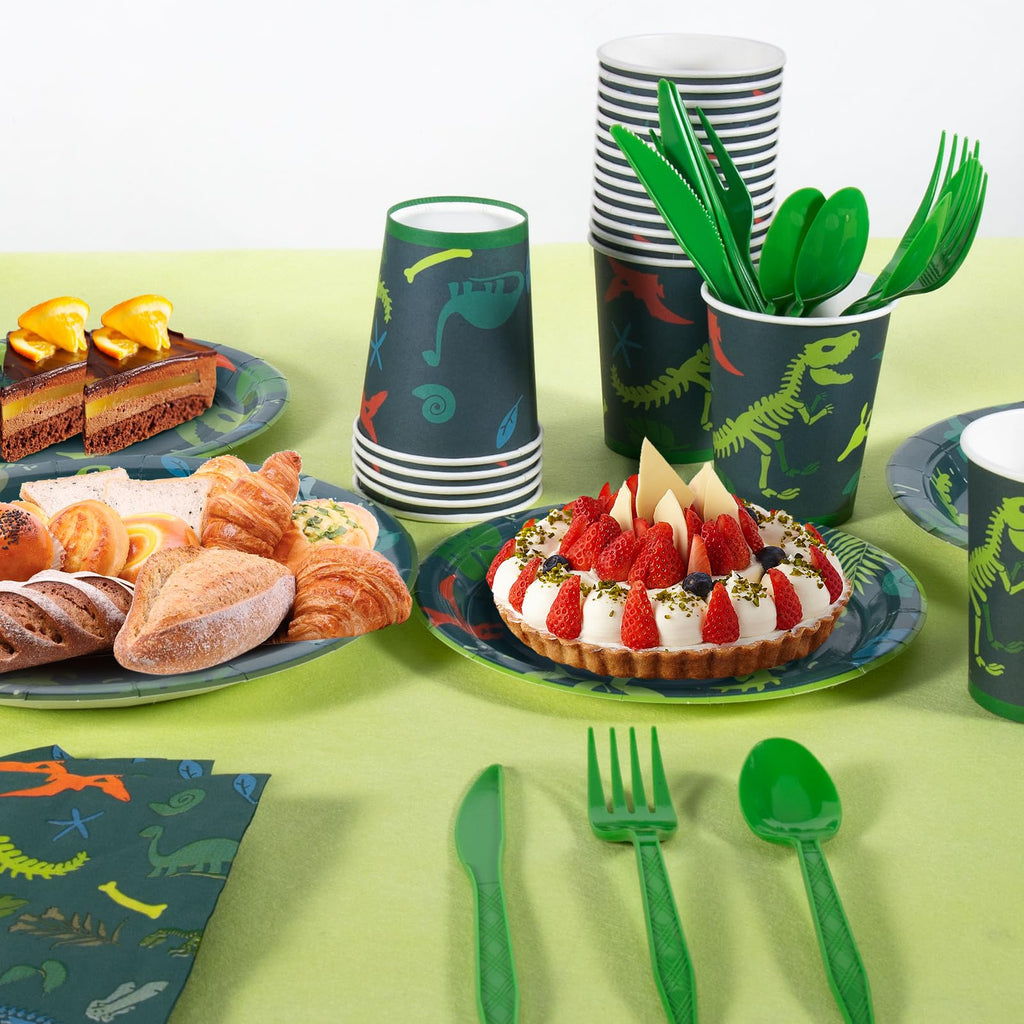 Cecnamt Dinosaur Birthday Decorations – 170 Pcs Party Set for 24 Guests (Banner, Plates, Cups, Napkins, Cutlery & Tablecloths)