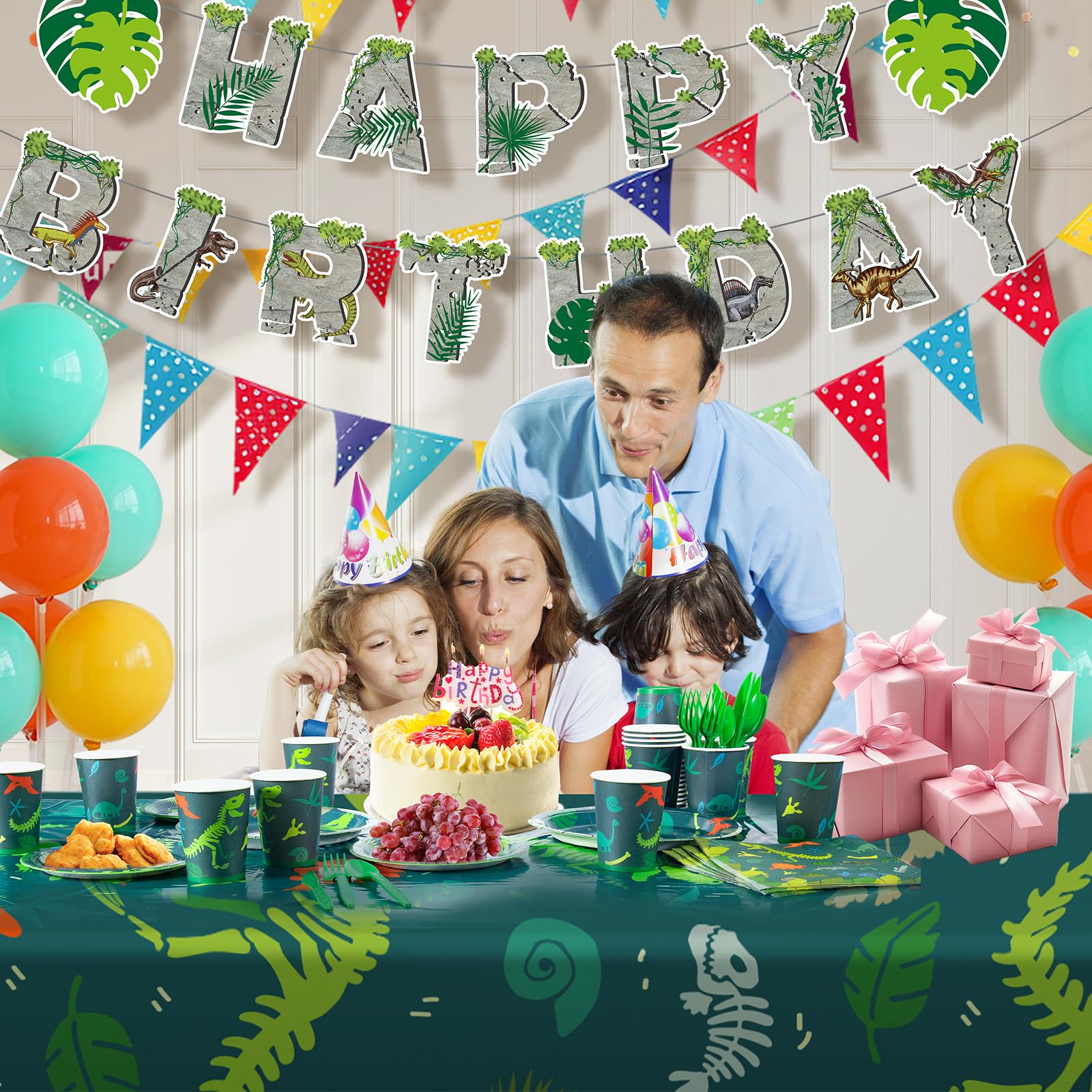 Cecnamt Dinosaur Birthday Decorations – 170 Pcs Party Set for 24 Guests (Banner, Plates, Cups, Napkins, Cutlery & Tablecloths)