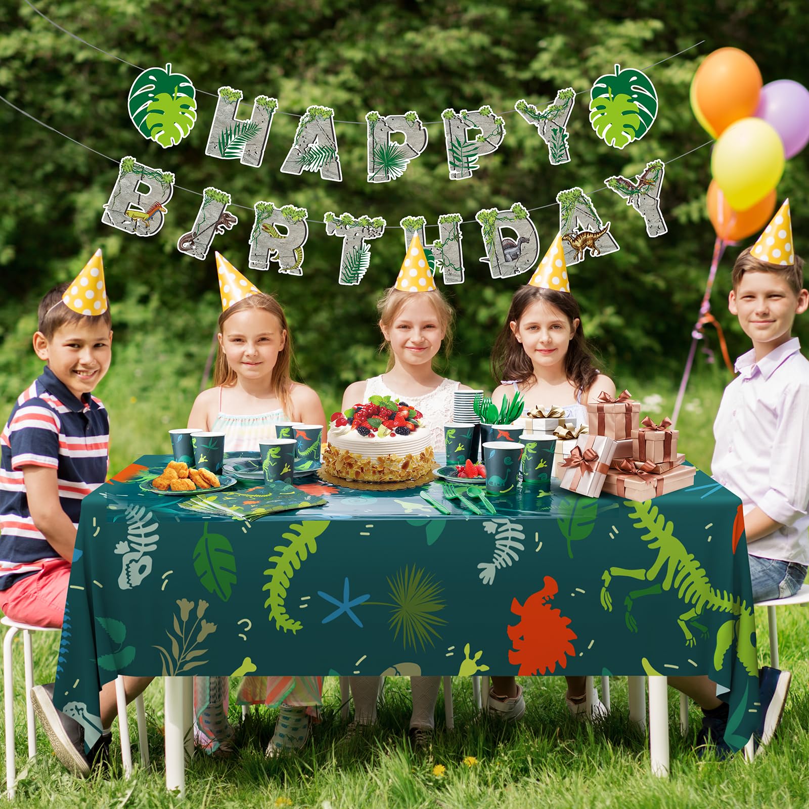 Cecnamt Dinosaur Birthday Decorations – 170 Pcs Party Set for 24 Guests (Banner, Plates, Cups, Napkins, Cutlery & Tablecloths)
