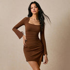 Women's Casual Brown Square-Neck Bodycon Split Dress