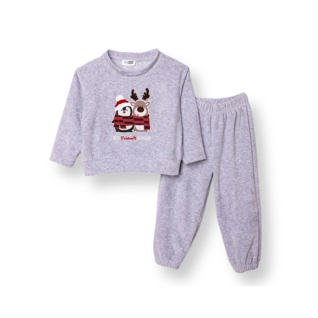 HelloBaby Boys Velvet Pyjama Set Animal with Poppers Christmas Crew Neck Long Leg Long Sleeve - Grey
