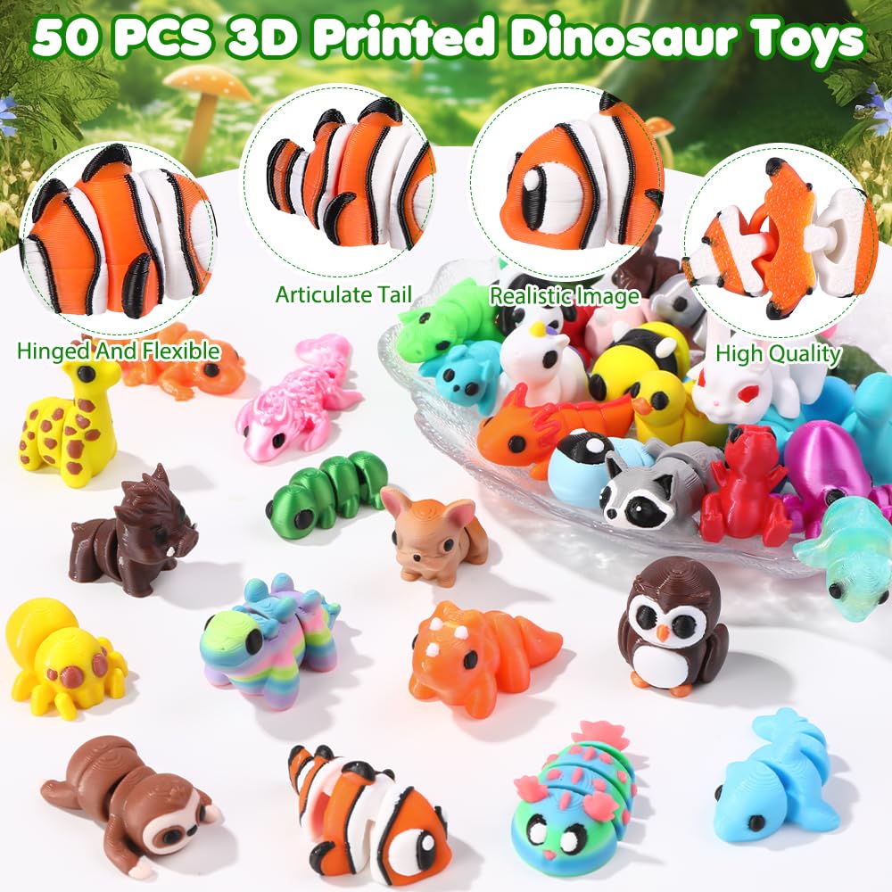 Celltestria 50Pcs Mini 3D Printed Animals – Flexible Articulated Figurines for Party Favors