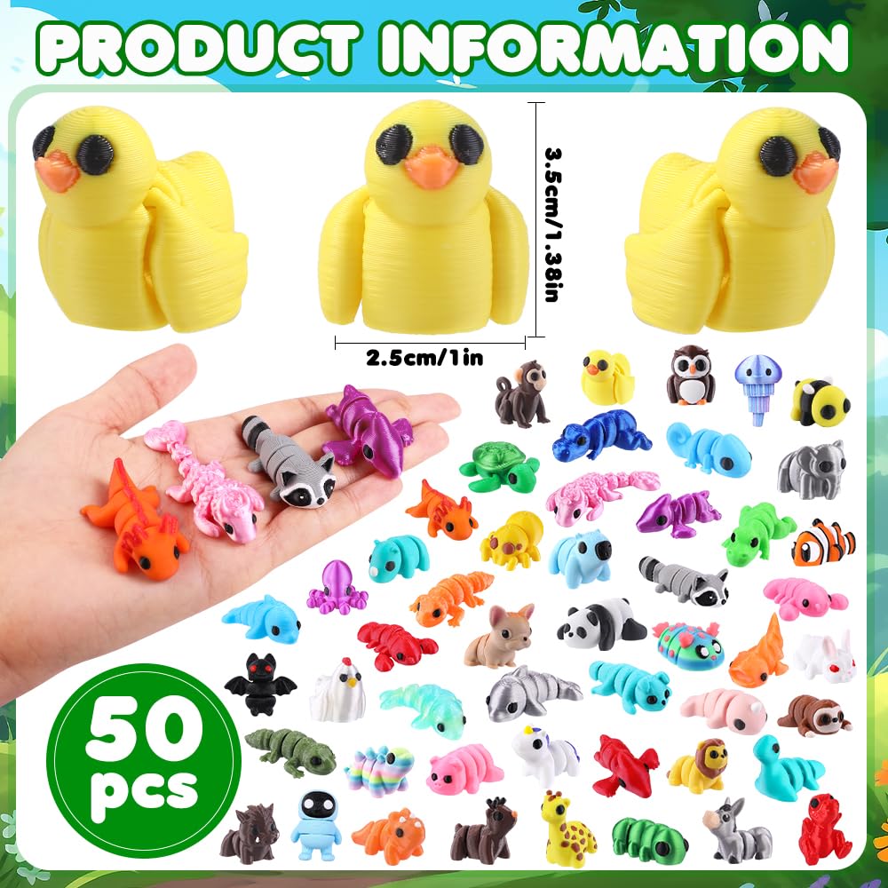 Celltestria 50Pcs Mini 3D Printed Animals – Flexible Articulated Figurines for Party Favors