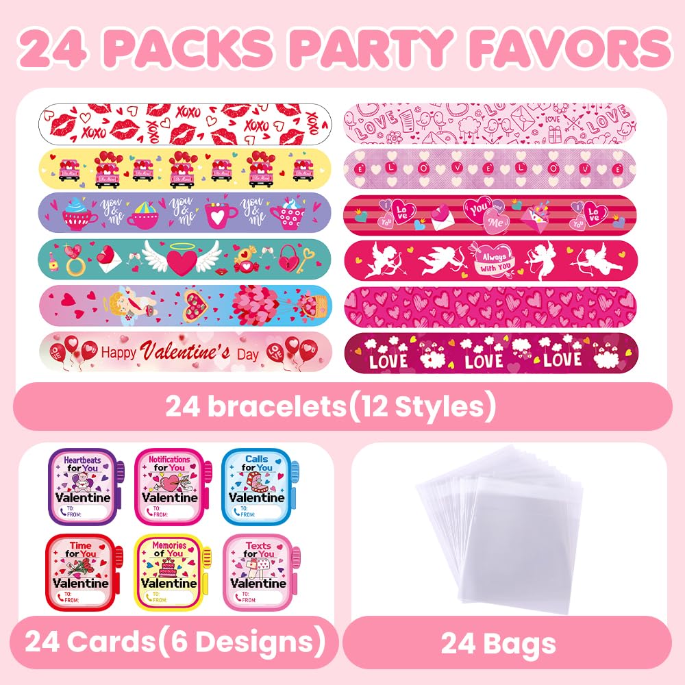 Celltestria 24-Pack Valentine Slap Bracelets with Cards – Kids Party Favors & Classroom Gifts