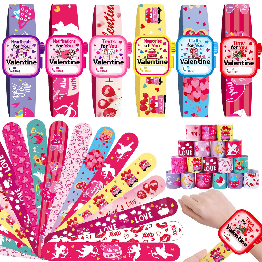 Celltestria 24-Pack Valentine Slap Bracelets with Cards – Kids Party Favors & Classroom Gifts