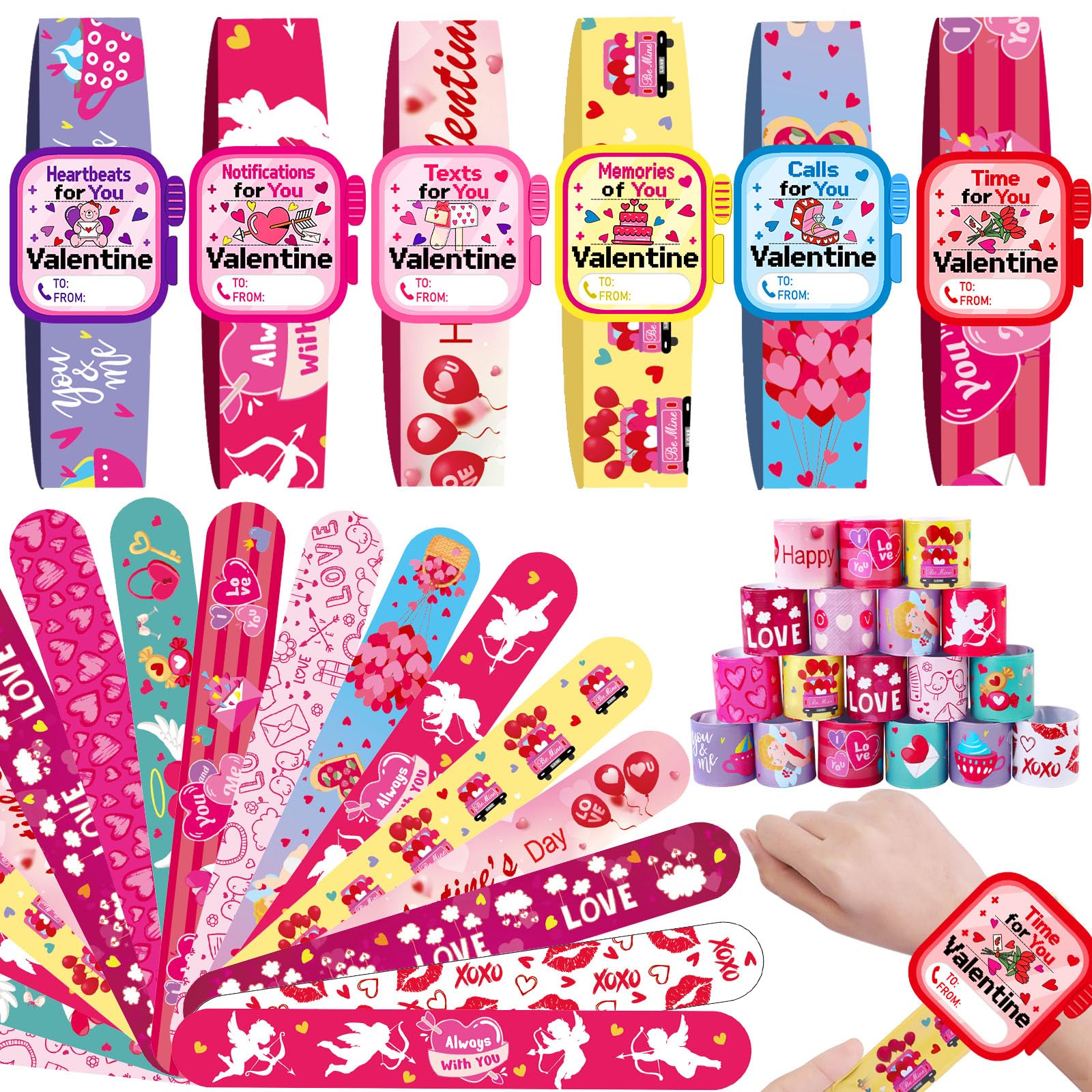 Celltestria 24-Pack Valentine Slap Bracelets with Cards – Kids Party Favors & Classroom Gifts