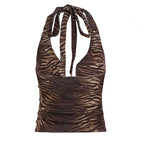 Sexy Hot Girl Style Tiger Print Deep U-neck Halter Top