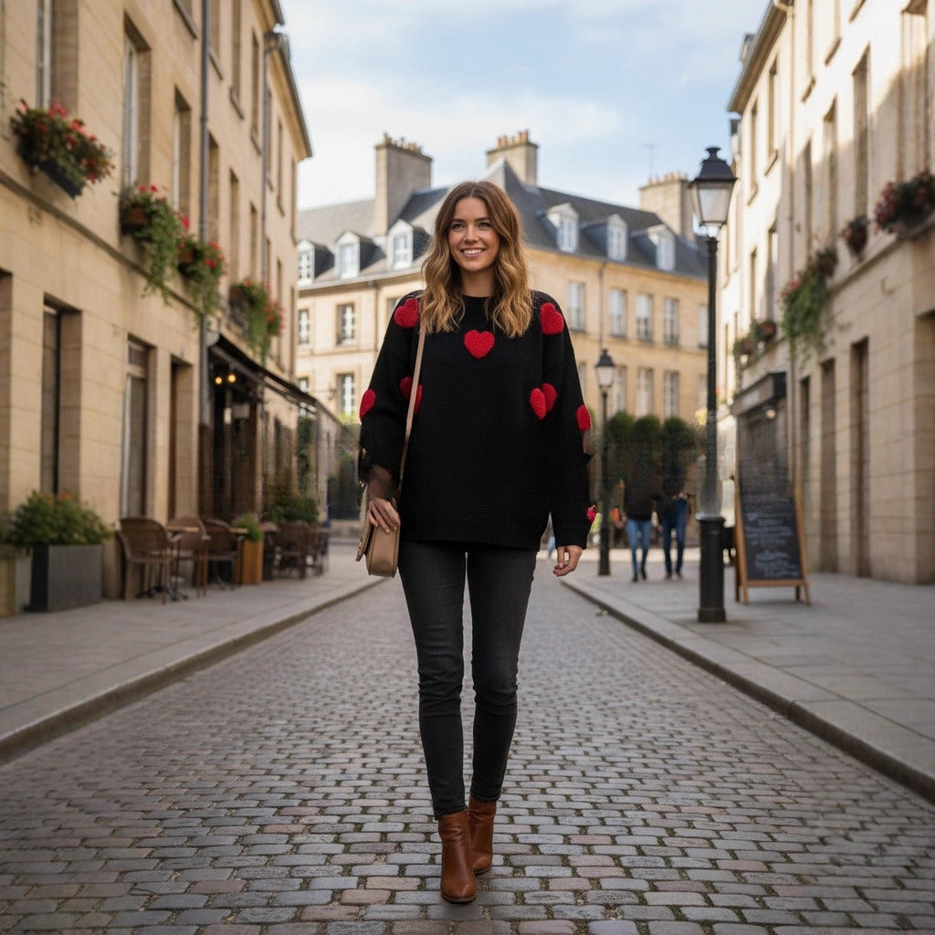 Women's 3D Jacquard Heart Pullover Sweater With Long Sleeves And Light Stretch