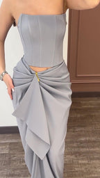 Strapless Top & Pleated Long Skirt Suit