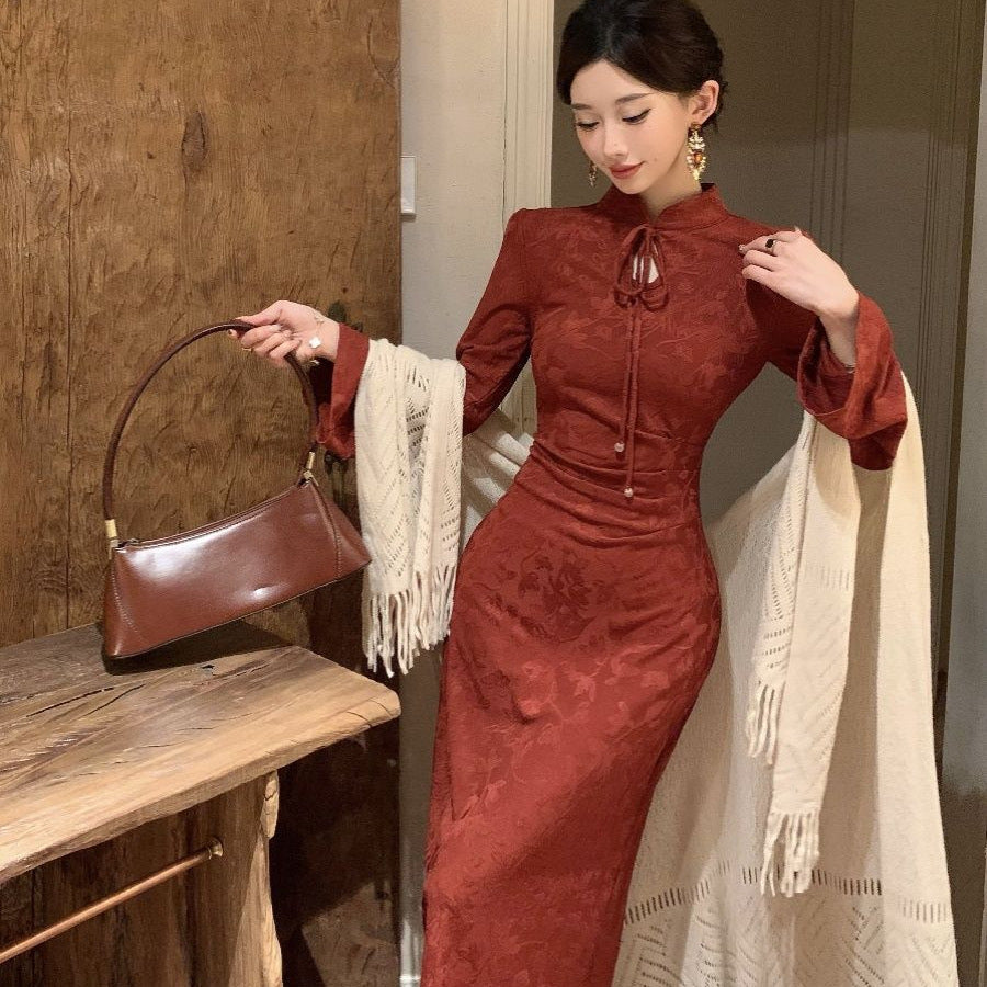 Women's New Chinese-style Jacquard Red Modified Cheongsam Dress