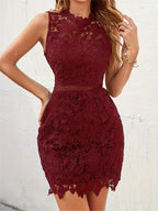 Hollow Stand Collar Women's Fitted Elegant Lace Dress