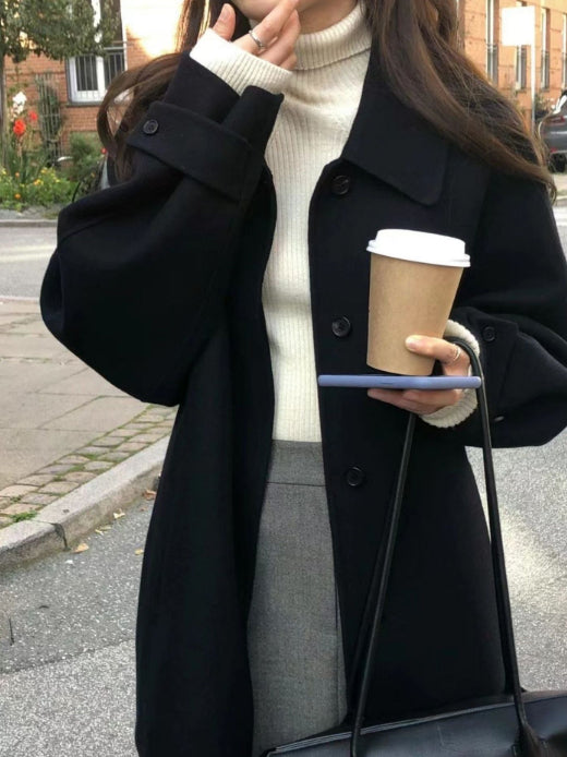 Black Short Wool Coat Outerwear Thickened Design Elegant And Sophisticated Style Petite Figures