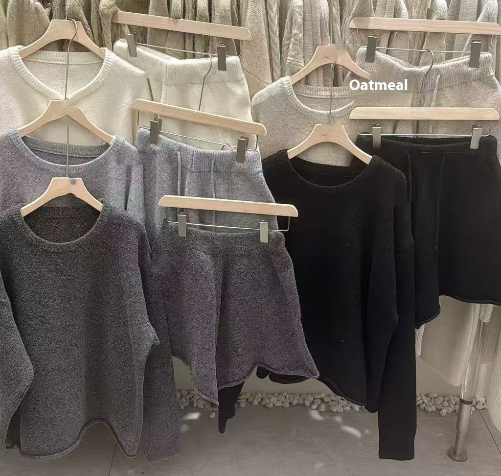 Loose-fitting Long Sleeve Sweater Knitted Wide Leg Shorts Two-piece Set