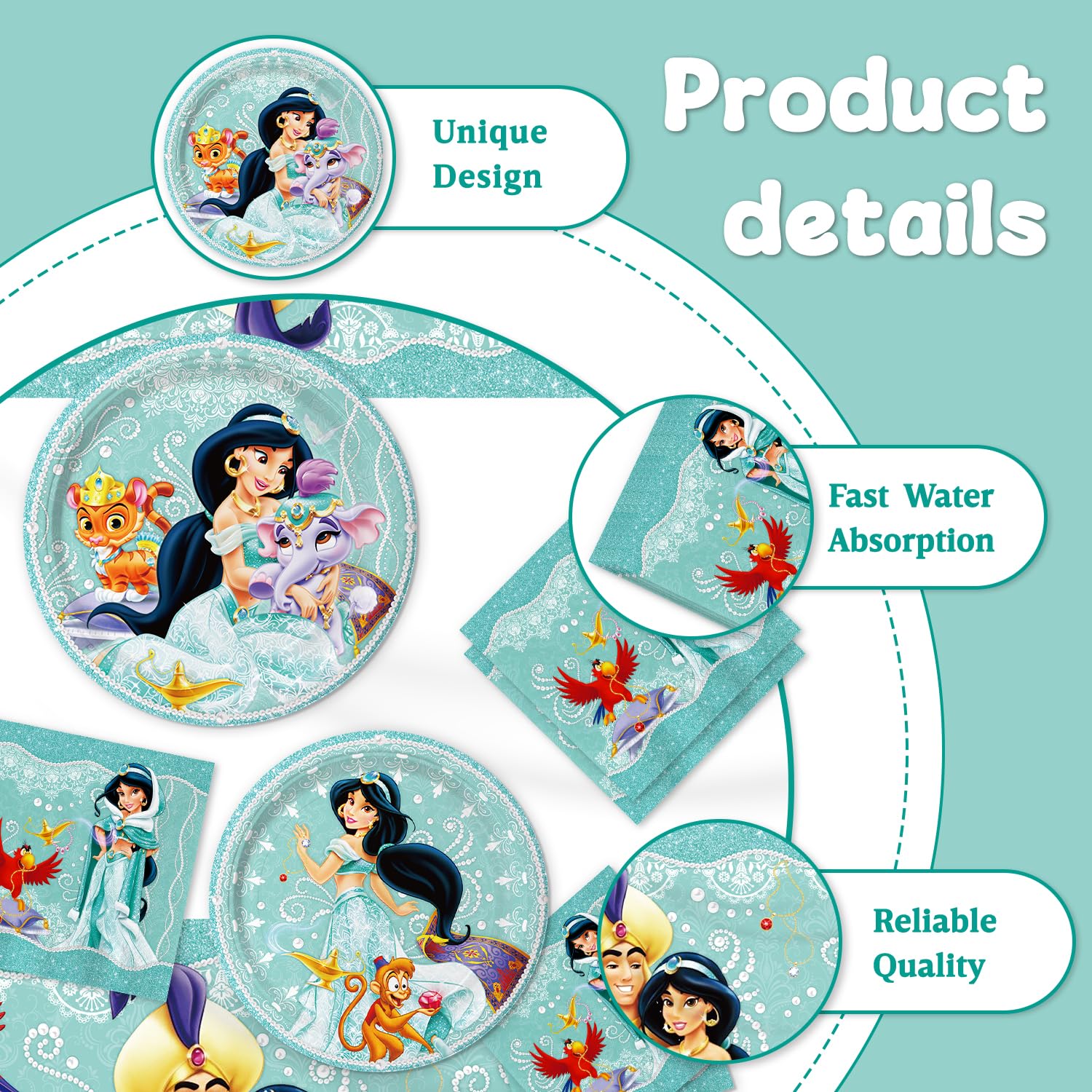 CHAMPBULL 41Packs Princess Jasmine Birthday Decorations – Plates, Napkins & Table Cover