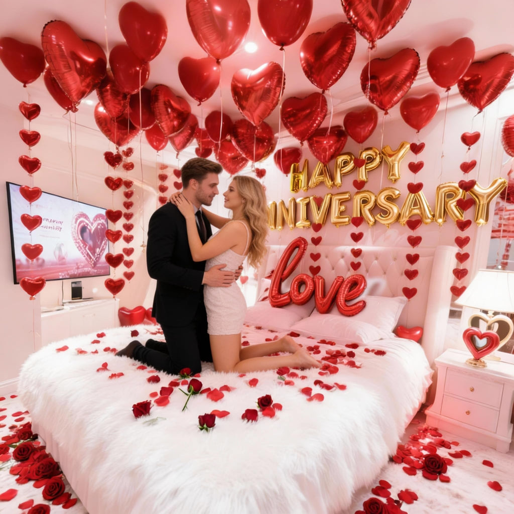 Chamrrille Anniversary Decorations Kit – 1000 Rose Petals & Red Heart Balloons