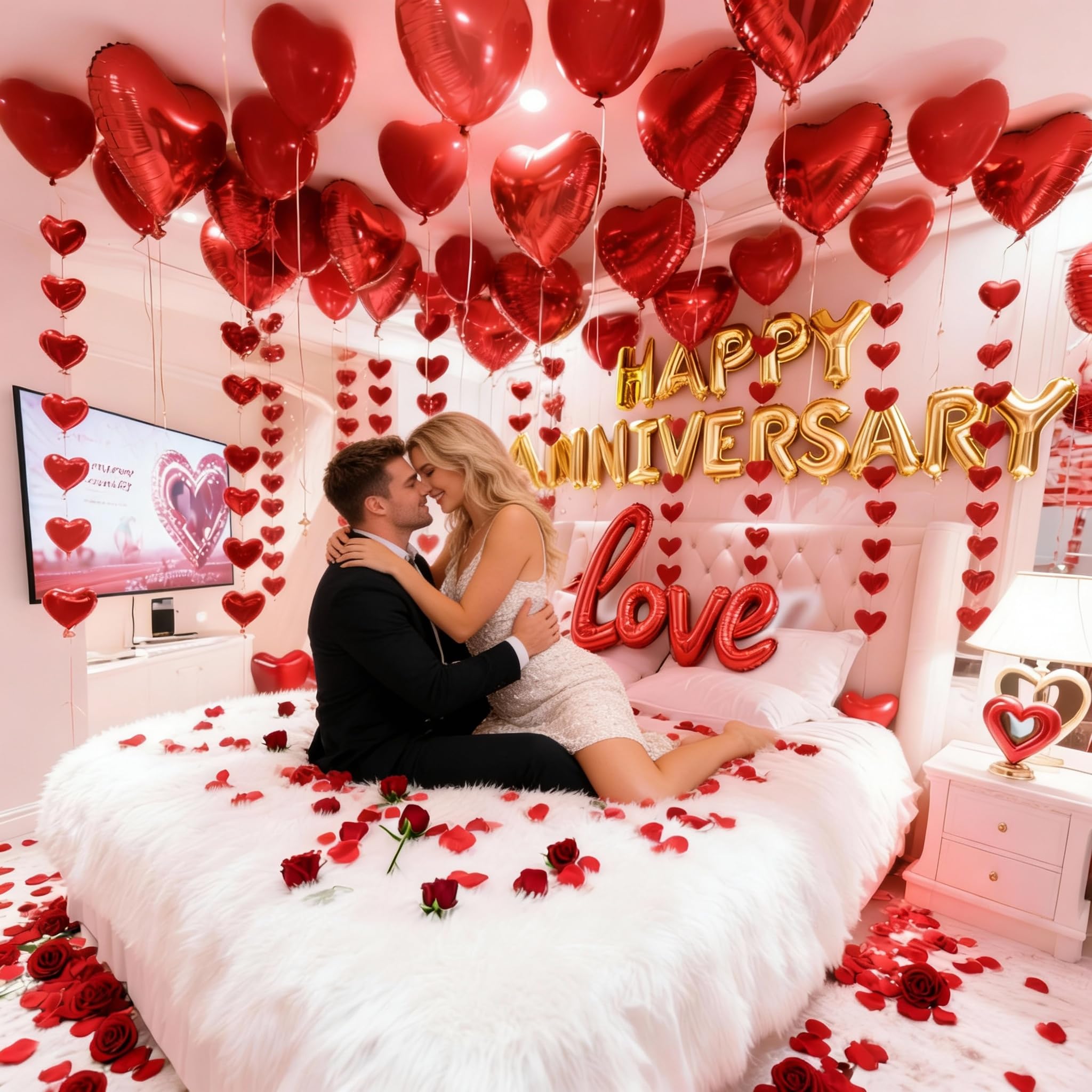 Chamrrille Anniversary Decorations Kit – 1000 Rose Petals & Red Heart Balloons