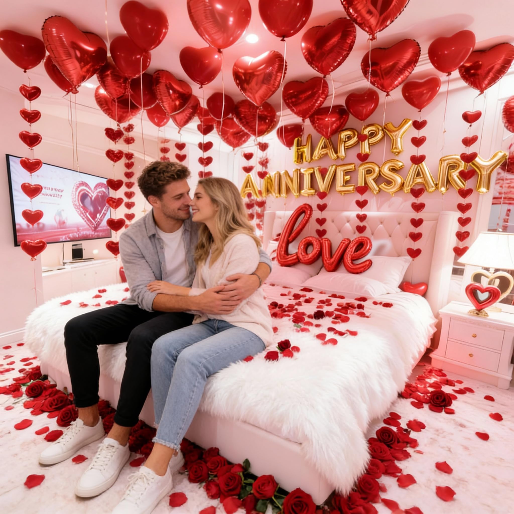 Chamrrille Anniversary Decorations Kit – 1000 Rose Petals & Red Heart Balloons