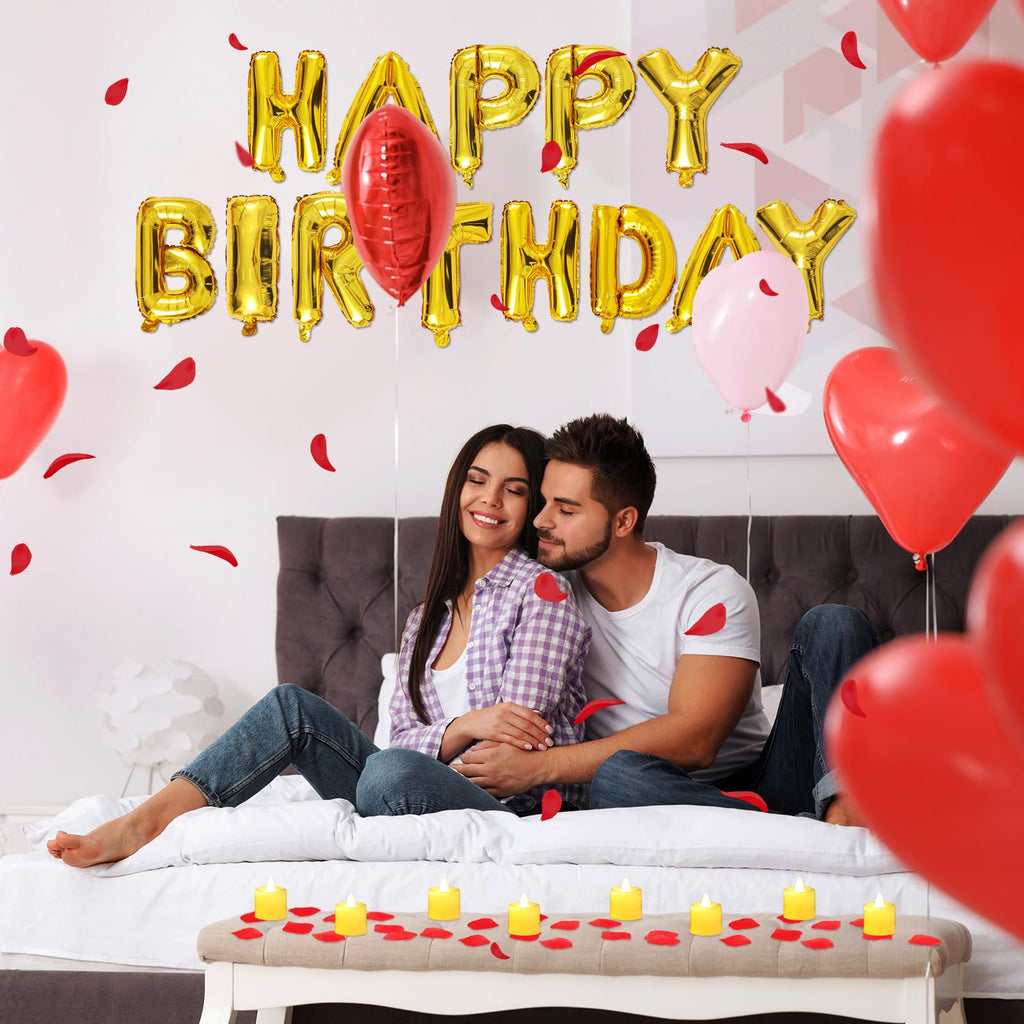 Charnoel Red and Gold Happy Birthday Banner with 24 Flameless LED Candles and 2000 Rose Petals