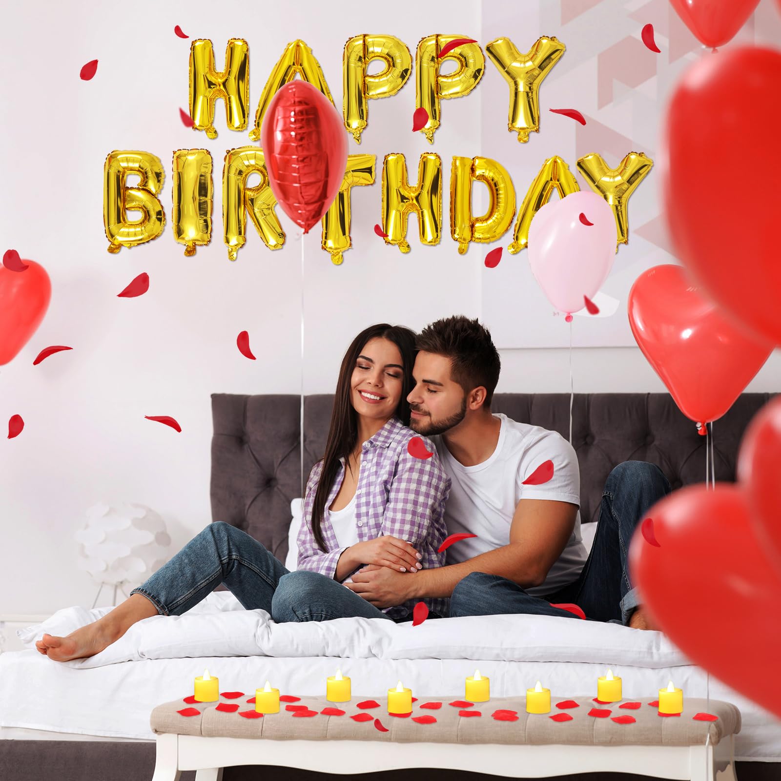 Charnoel Red and Gold Happy Birthday Banner with 24 Flameless LED Candles and 2000 Rose Petals