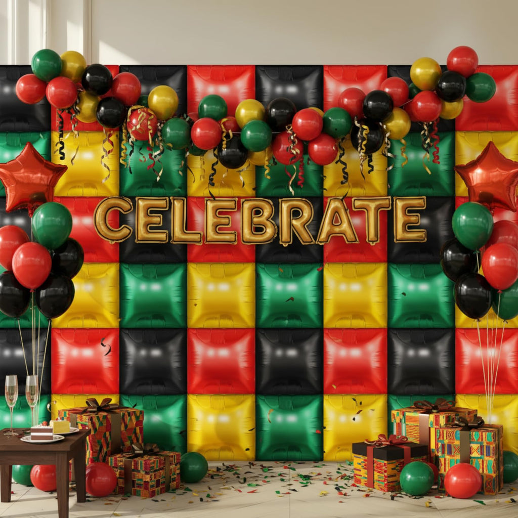 Charnoel 50 Pcs Double-Sided 19-Inch Square Foil Balloons – Red Black Green Gold for Black History Month & Juneteenth