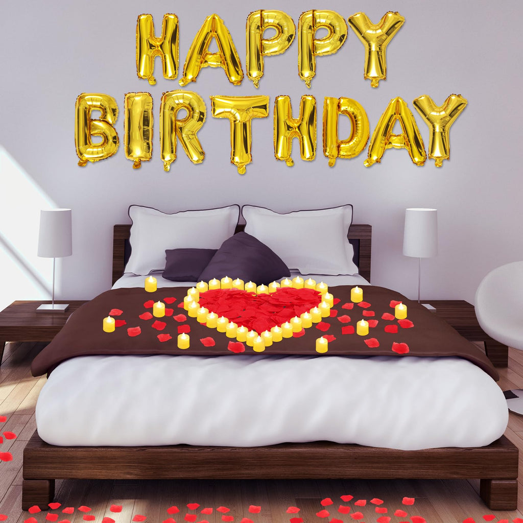 Charnoel Red and Gold Happy Birthday Banner with 24 Flameless LED Candles and 2000 Rose Petals