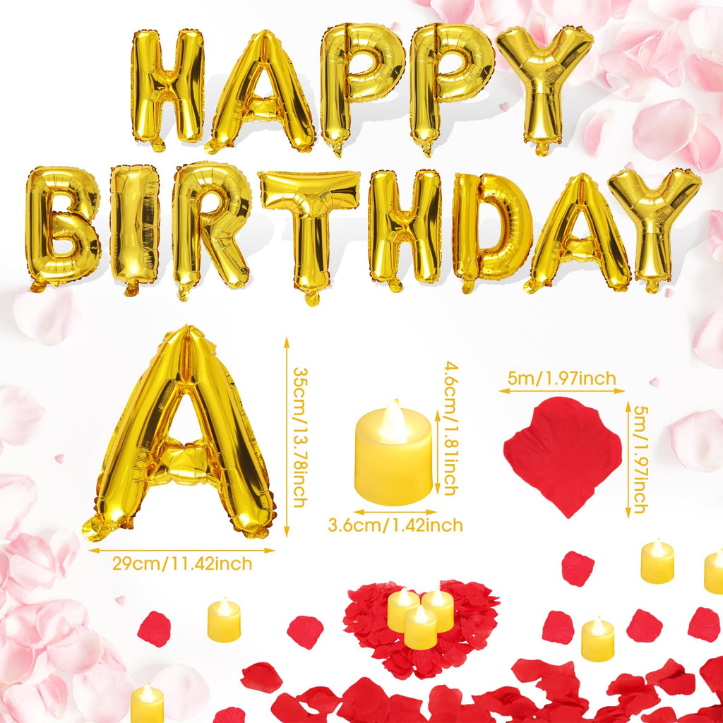 Charnoel Red and Gold Happy Birthday Banner with 24 Flameless LED Candles and 2000 Rose Petals