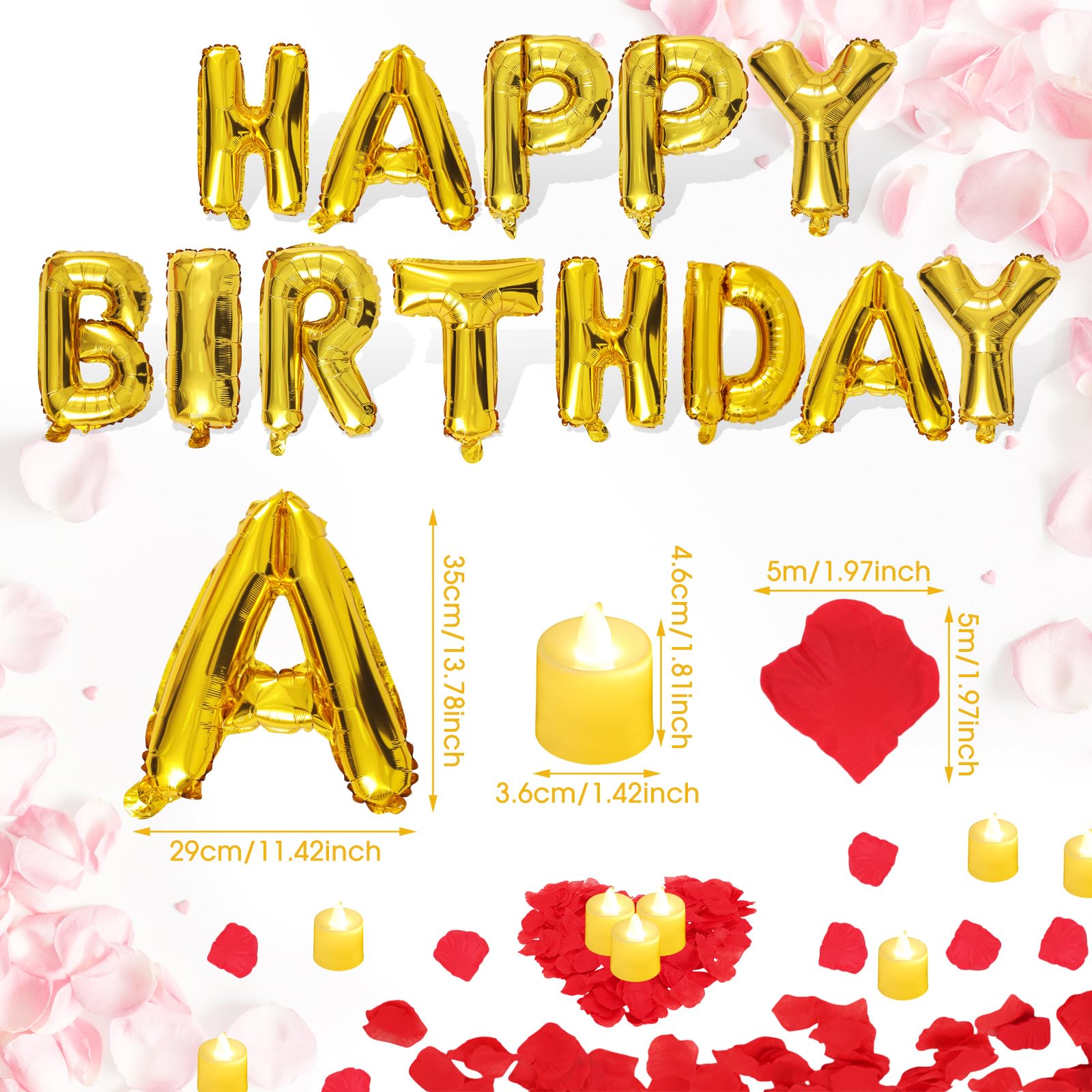 Charnoel Red and Gold Happy Birthday Banner with 24 Flameless LED Candles and 2000 Rose Petals