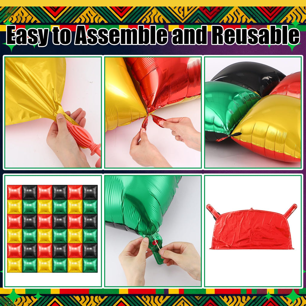 Charnoel 50 Pcs Double-Sided 19-Inch Square Foil Balloons – Red Black Green Gold for Black History Month & Juneteenth