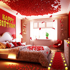 Charnoel Red and Gold Happy Birthday Banner with 24 Flameless LED Candles and 2000 Rose Petals