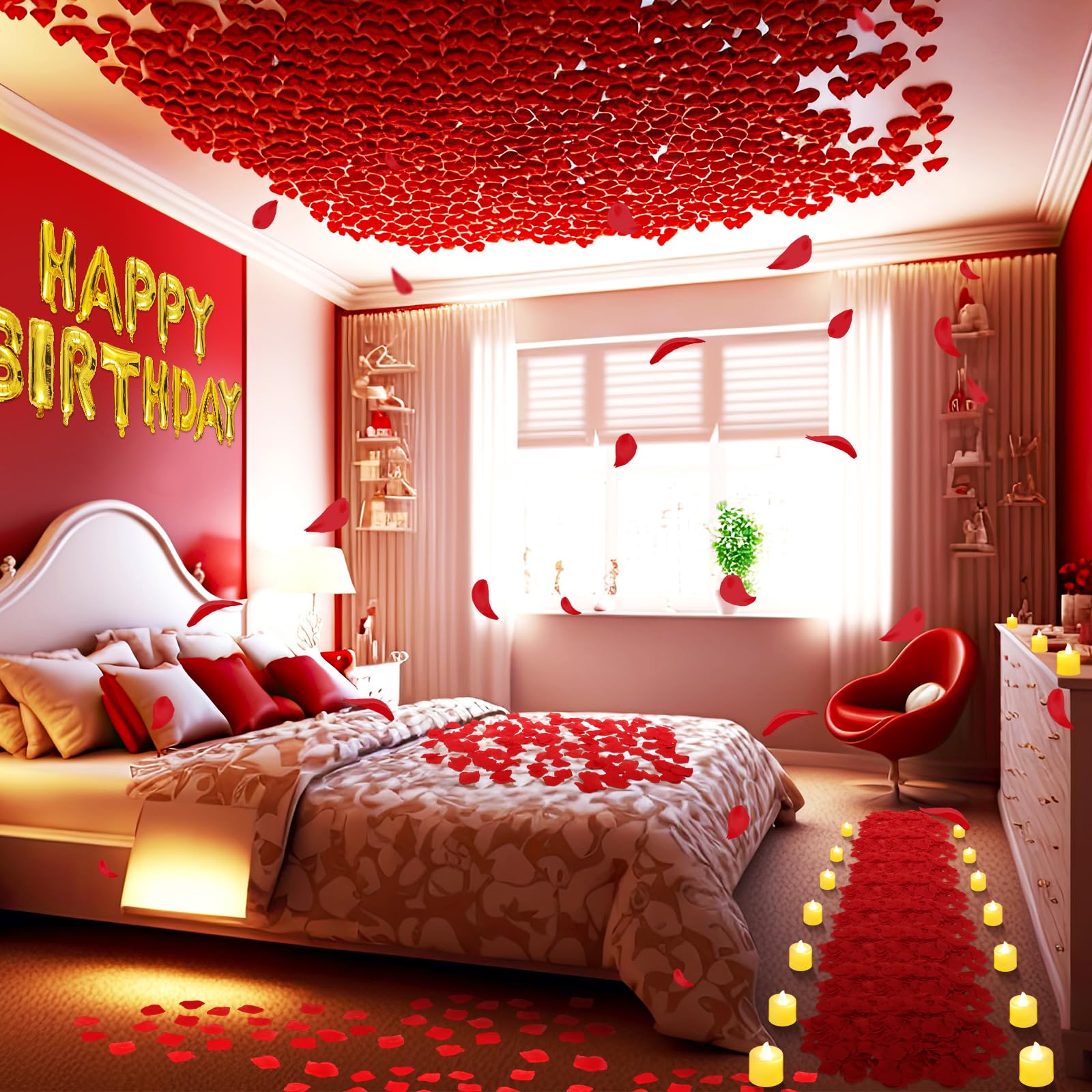 Charnoel Red and Gold Happy Birthday Banner with 24 Flameless LED Candles and 2000 Rose Petals