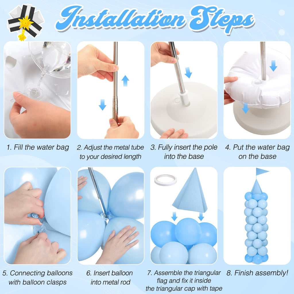 Charnoel 2 Sets Adjustable Blue Princess Castle Balloon Column Stand Kit - 140 Balloons