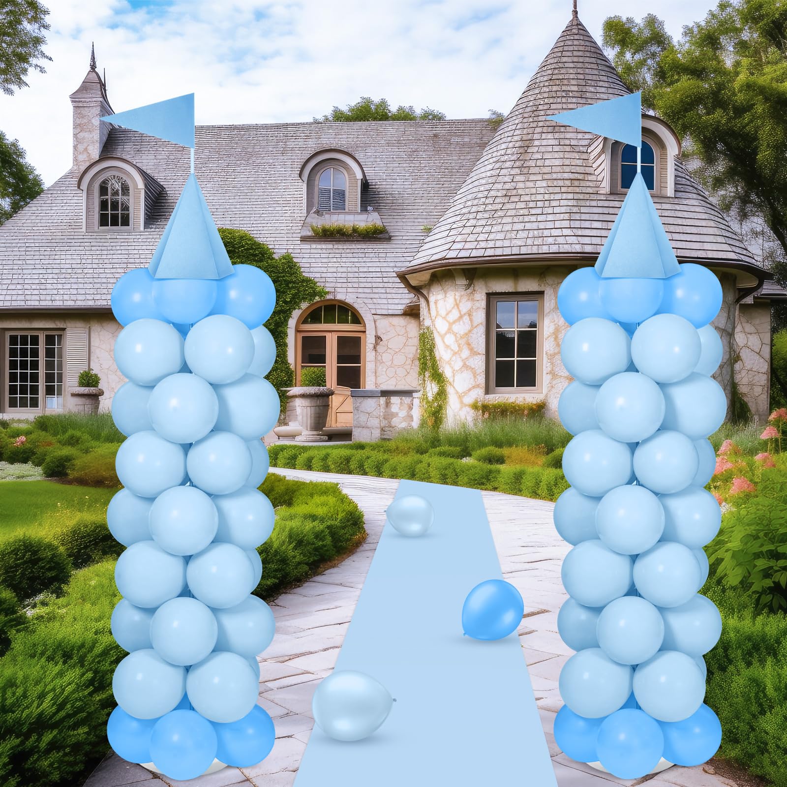 Charnoel 2 Sets Adjustable Blue Princess Castle Balloon Column Stand Kit - 140 Balloons