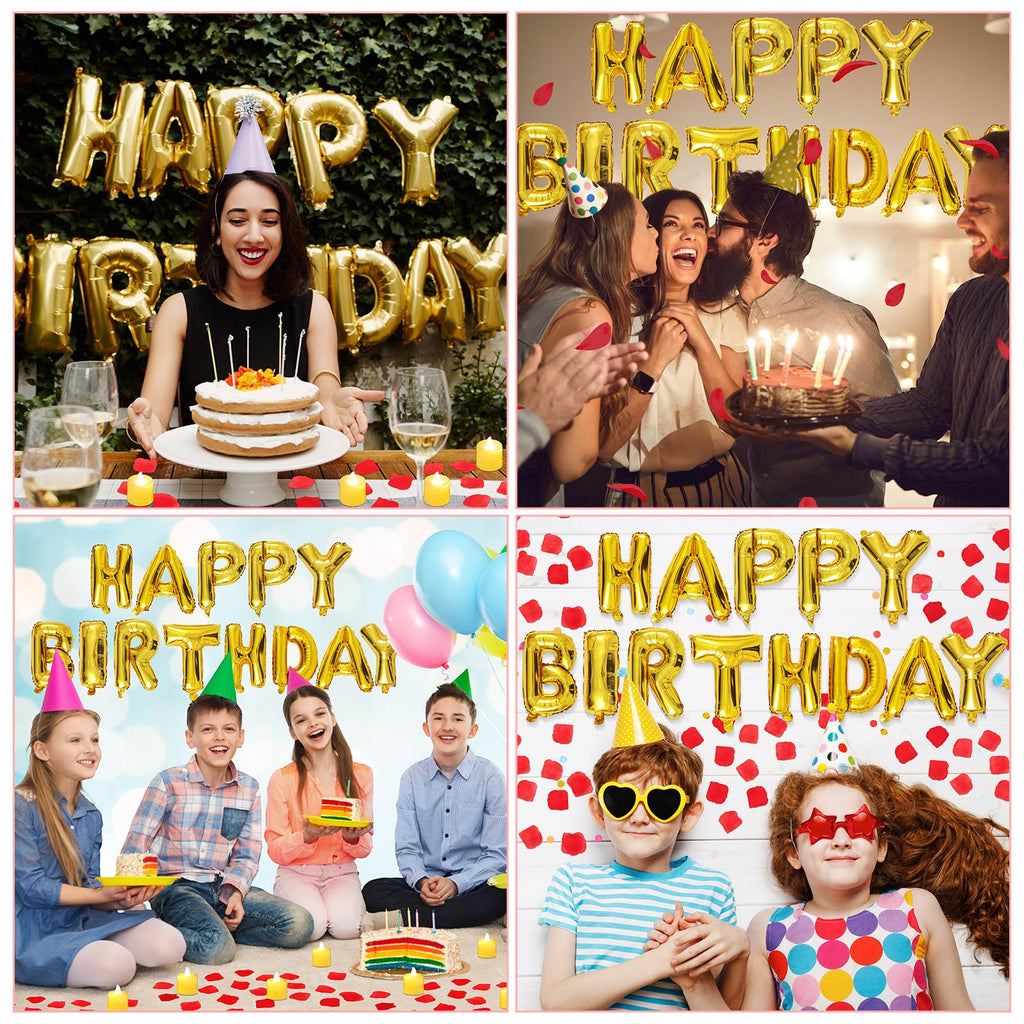 Charnoel Red and Gold Happy Birthday Banner with 24 Flameless LED Candles and 2000 Rose Petals